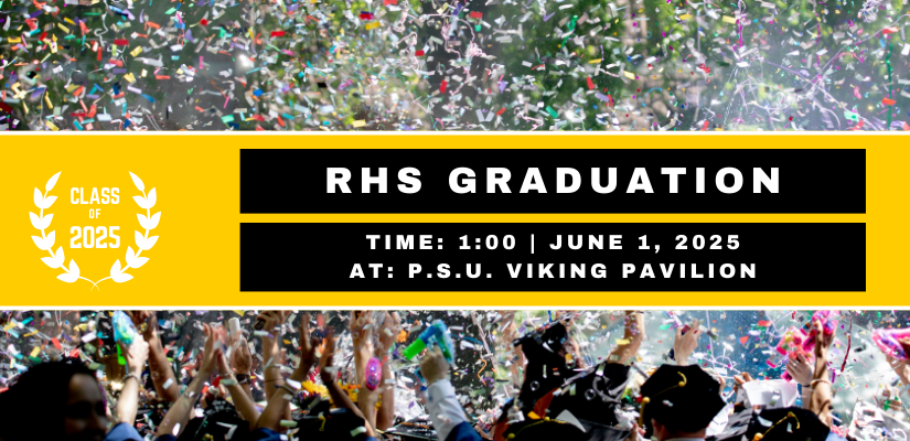 Graduates celebrating with confetti in the air. The graduation date is displayed in a banner June 1, at 1:00. Viking Pavilion
